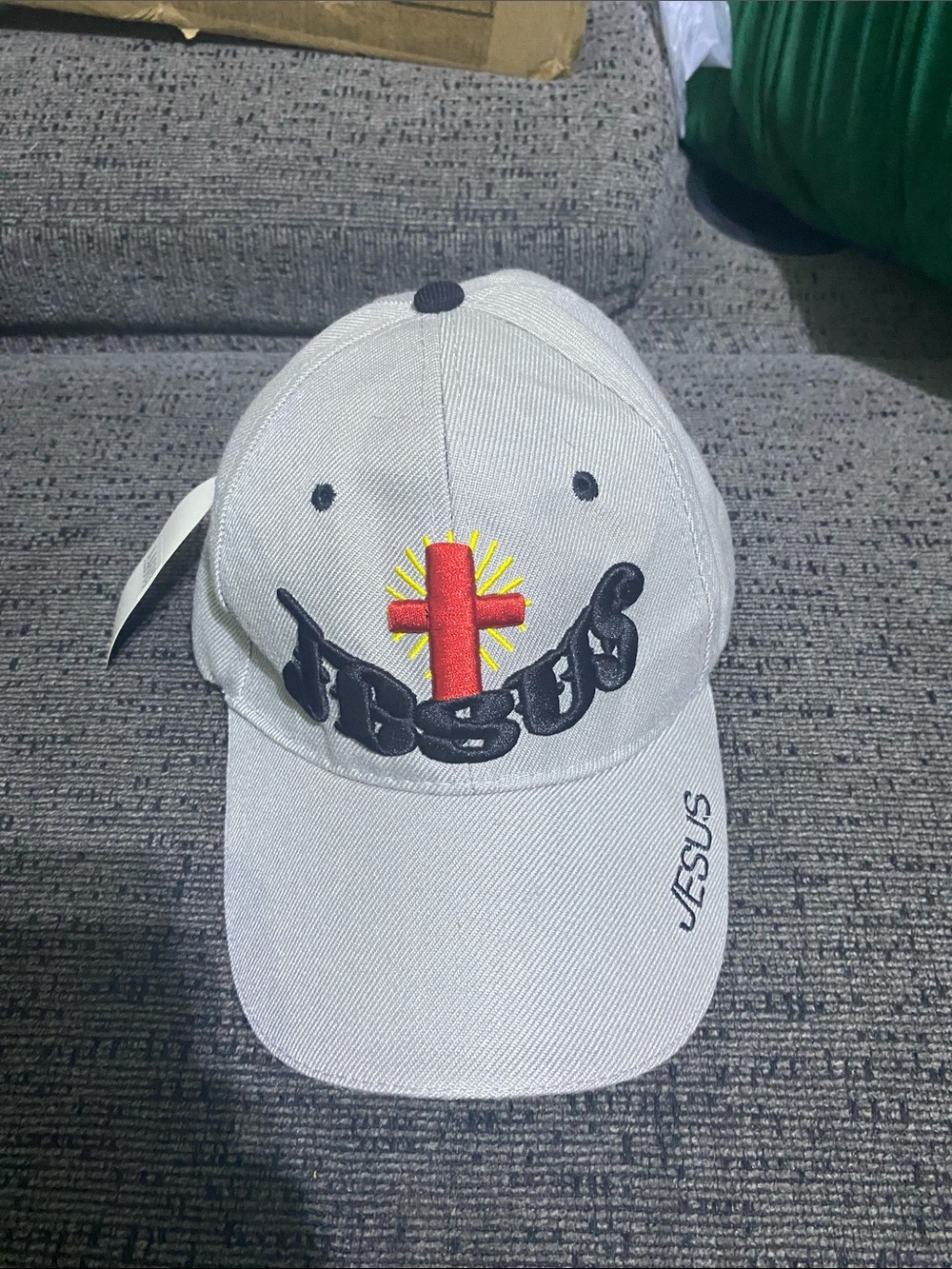 White Baseball Cap with Red Cross and 'Jesus' Embroidery